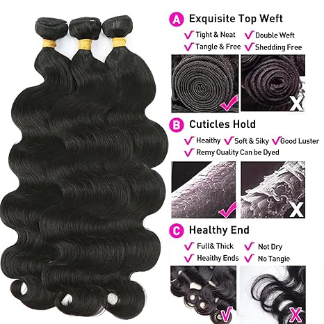 3 Bundles Natural Black Body Wave Brazilian Virgin Hair 10-28 inch 3 Pieces Pack - Image 3