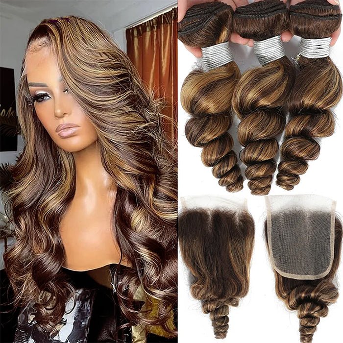 Lemoda P4/27 Loose Wave Bundles With 4x4 Lace Closure Ombre Highlight Human Hair - Image 3