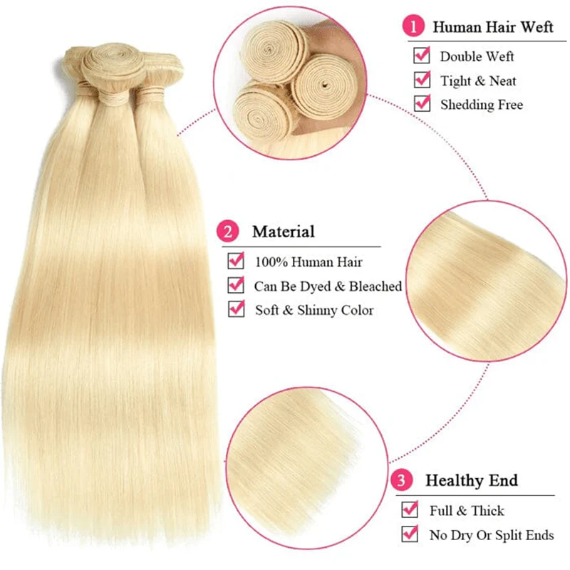 Lemoda 100% Virgin Human Hair 613 Blonde Straight Hair 3 Bundles With 13x6 Lace Frontal Closure - Image 3