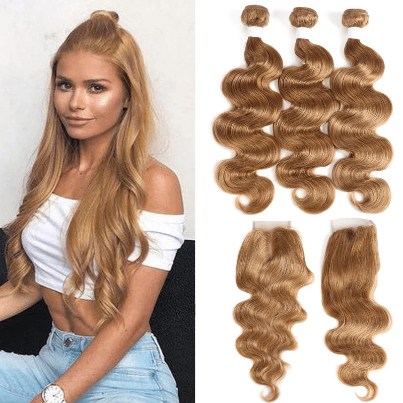 Lemoda #27 Light Brown Body Wave 3 Bundles With 4x4 Lace Closure 100% Real Human Hair - Image 3
