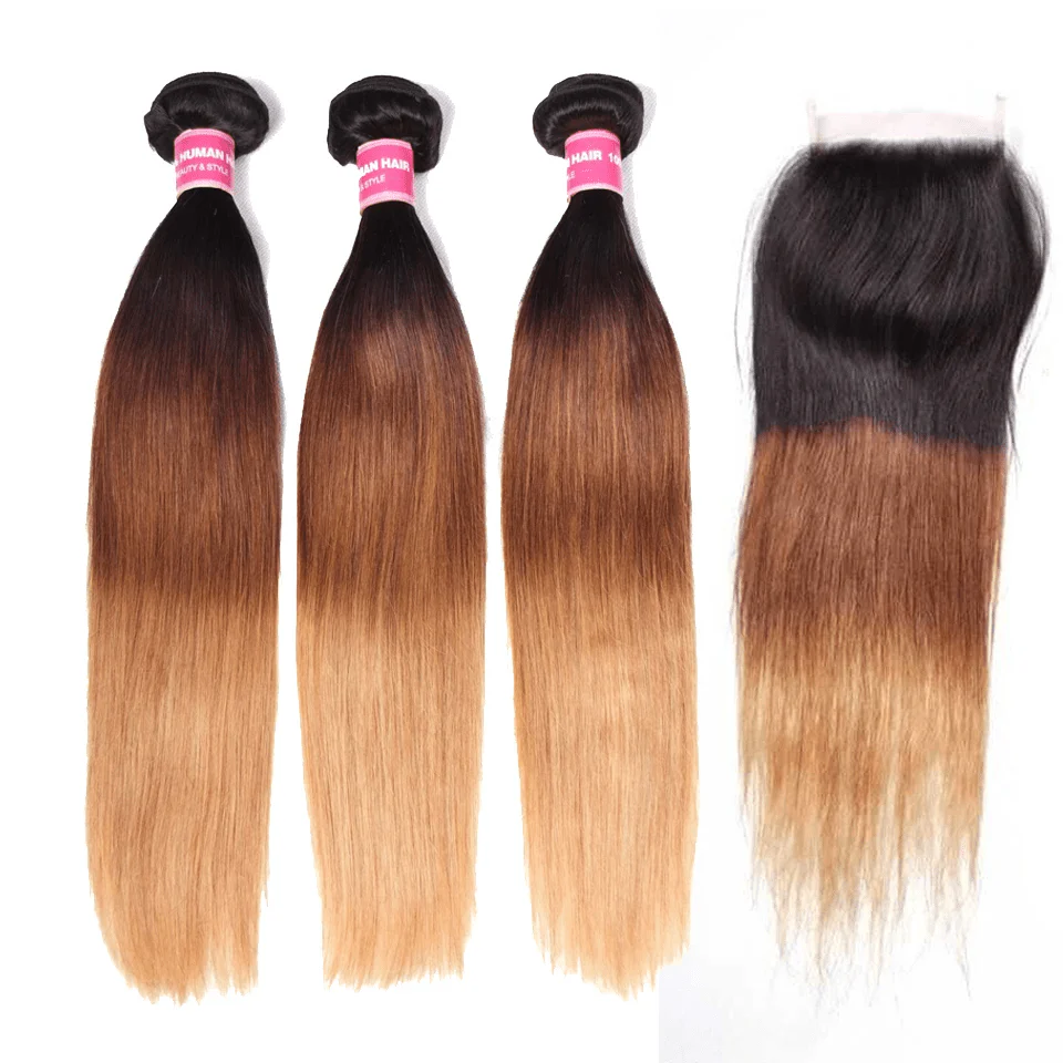 Lemoda Ombre 1B/4/27 Straight 3 Bundles With 4x4 Lace Closure 100% Real Human Hair - Image 3